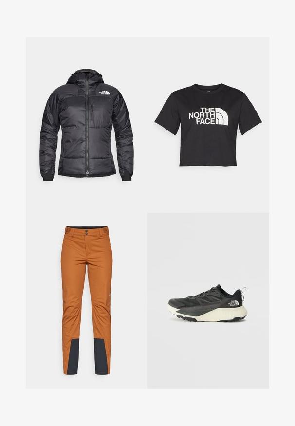 Svart pufferjacka med dragkedja fram, justerbar huva och bröstficka. Har en logotyp på övre vänster sida och elastiska manschetter.; Svart kortärmad t-shirt i bomull, med en vit logotyp med böjda accenter och texten "THE NORTH FACE" framtill. Kort ärm, rundad hals.; Orange utomhusbyxor med rak skärning, med en mörkblå detalj vid nederkanten, två framfickor med dragkedja och knappstängning.; Svart atletisk sko med en texturerad ovandel, med grå accenter och en vit mellanläggssula. Inkluderar en dragtab och en framträdande varumärkeslogotyp på hälen.