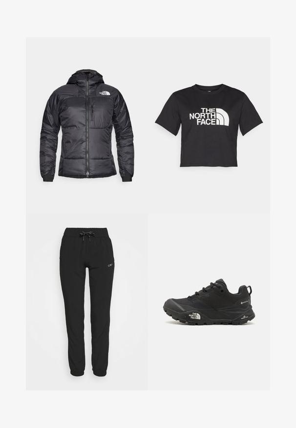 Black puffer jacket with a zippered front, adjustable hood, and a chest pocket. Features a logo on the upper left and elastic cuffs.; Black cropped t-shirt made of cotton, featuring a white logo with curved accents and text "THE NORTH FACE" on the front. Short sleeves, crew neck.; Black jogger pants with an elastic waistband and drawstring, featuring tapered legs and elastic cuffs. Made from smooth, lightweight fabric.; Black hiking shoe with a textured upper, lace closure, and a chunky rubber sole featuring a prominent logo on the side and tread patterns.