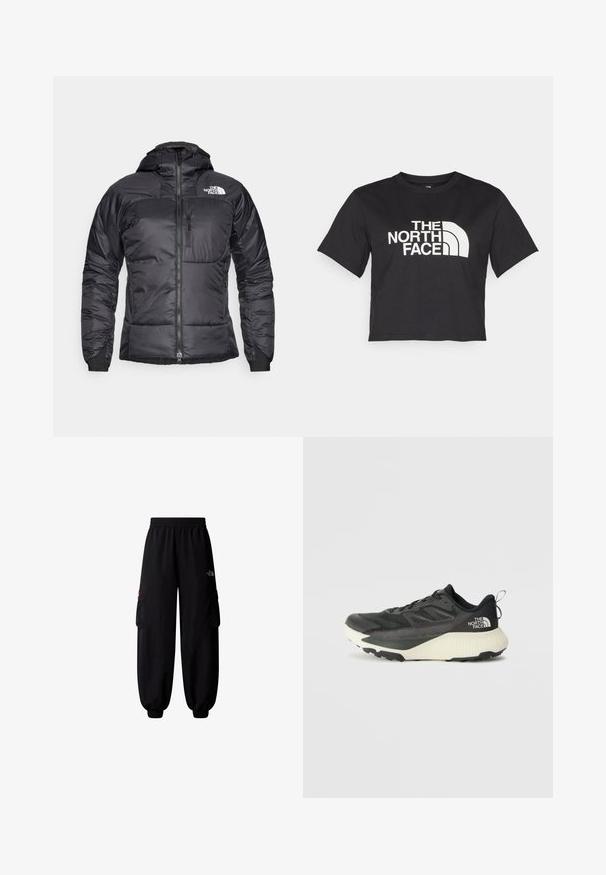 Čierna pérová bunda so zipsom vpredu, nastaviteľnou kapucňou a vreckom na hrudi. Obsahuje logo na hornej ľavej strane a elastické manžety.; Čierne skrátené tričko z bavlny, s bielym logom s krivkami a textom "THE NORTH FACE" na prednej strane. Krátke rukávy, okrúhly výstrih.; The North Face HIMALAYAN - Kapsáče - tnf black; Čierna atletická obuv s textúrovaným vrchom, s šedými akcentmi a bielou medzipodrážkou. Obsahuje pútko a výrazné logo značky na päte.