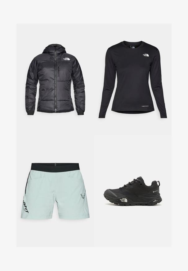 Black puffer jacket with a zippered front, adjustable hood, and a chest pocket. Features a logo on the upper left and elastic cuffs.; The North Face SHADOW LONG SLEEVE - Long sleeved top - black; Light mint green shorts with a black waistband, featuring side pockets and a black logo on the left leg. Smooth fabric with clean seams.; Black hiking shoe with a textured upper, lace closure, and a chunky rubber sole featuring a prominent logo on the side and tread patterns.