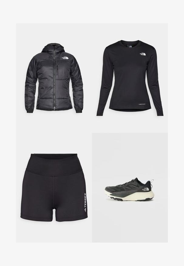 Casaco puffer preto com fecho éclair à frente, capuz ajustável e um bolso no peito. Apresenta um logótipo no canto superior esquerdo e punhos elásticos.; The North Face SHADOW LONG SLEEVE - Camisola de manga comprida - black; Calções atléticos pretos feitos de material liso e elástico com uma cintura alta. Apresenta o logotipo branco "TERREX" no canto inferior direito.; Shoe atlético preto com um cabedal texturizado, apresentando detalhes em cinza e uma entressola branca. Inclui uma alça e um logótipo da marca em destaque no calcanhar.