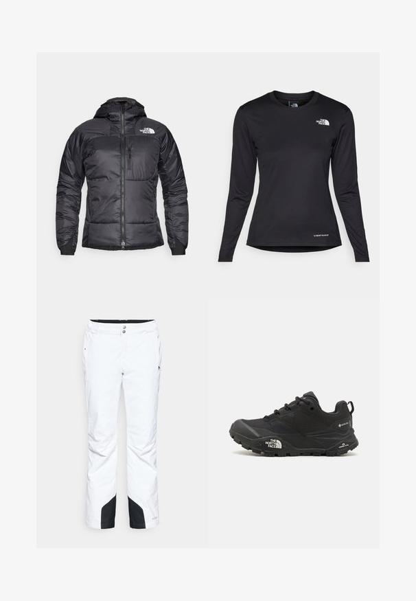 Juodas pūkinis švarkas su užtrauktuku priekyje, reguliuojama kapisonu ir krūtine kišene. Viršuje kairėje pusėje yra logotipas, o rankogaliai yra elastingi.; The North Face SHADOW LONG SLEEVE - Ilgarankovis viršutinės dalies drabužis - black; Balti sniego kelnės su elegantišku dizainu, turinčios dvi priekinės kišenes, sustiprintas juodas apatinis skyrius ir mygtukų užsegimas liemenyje.; Juodas žygio batelis su tekstūruotu viršumi, su raištelių uždarymu ir storu guminiu padu, ant šono išryškintas logotipas ir raštiškai išpjauti modeliai.