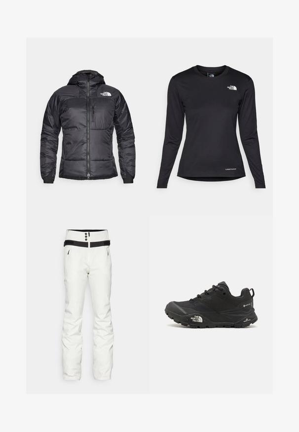 Schwarze Puffjacke mit durchgehendem Reißverschluss, verstellbarem Kapuze und einer Brusttasche. Mit einem Logo auf der oberen linken Seite und elastischen Bündchen.; The North Face SHADOW LONG SLEEVE - Langarmshirt - black; Weiße Skihosen mit hoher Taille, schwarzem Akzentband, Reißverschluss vorne, drei schwarzen Knöpfen und Seitentaschen. Glatte Textur.; Schwarzer Wanderschuh mit einer strukturierten Oberfläche, Schnürverschluss und einer massiven Gummisohle, die auf der Seite ein ausgeprägtes Logo sowie Profilmuster zeigt.