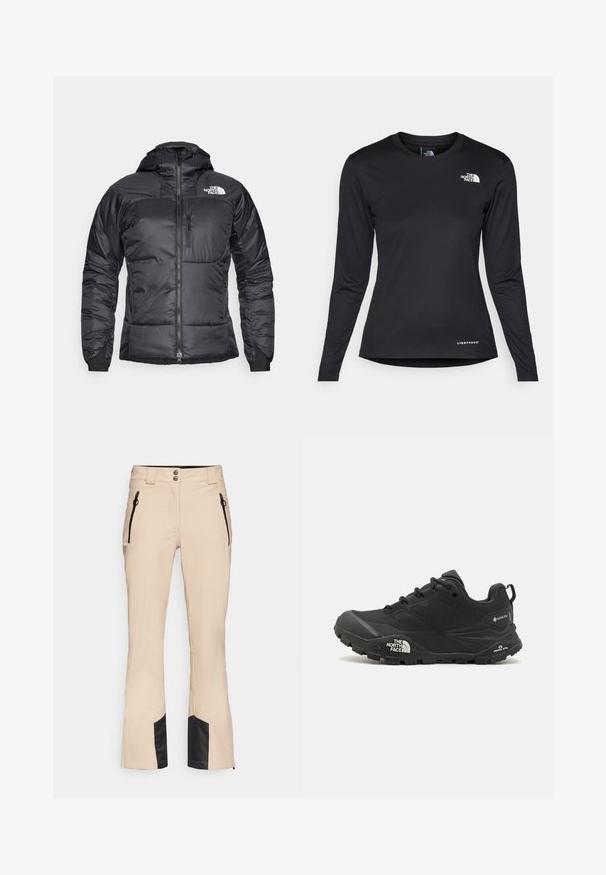 Svart pufferjakke med glidelås foran, justerbar hette og en brystlomme. Har en logo øverst til venstre og elastiske mansjetter.; The North Face SHADOW LONG SLEEVE - Topper langermet - black; Beige skibukser med ribbet tekstur, som har to glidelåslommer på siden, svarte detaljer ved legget, og en to-knapps midje.; Svart tursko med teksturert overdel, snøring og en kraftig gummisåle som har et fremtredende logo på siden og mønster i sålen.