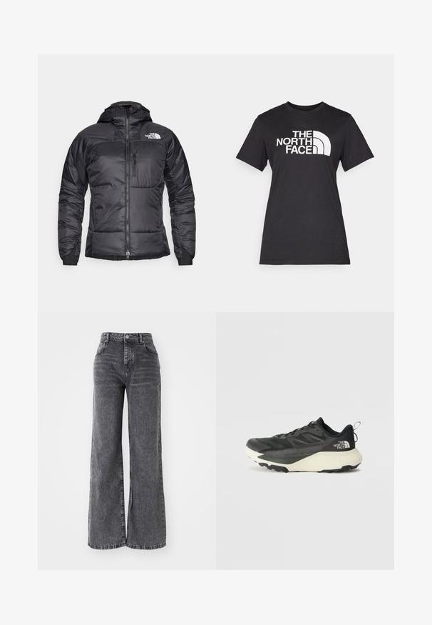 Fekete puffertanács cipzáras elejével, állítható kapucnival és mellzsebbel. Az upper bal oldalon logó található, valamint elasztikus mandzsetták.; Fekete pamut póló, amelyen egy nagy fehér "THE NORTH FACE" logó és ívelt díszítés található. Rövid ujjú és kerek nyakú, sima textúrájú.; Széles szárú, szürke farmernadrág magas derekú szabással, hagyományos öt zsebes stílusban, finom kopott hatással.; Fekete sportcipő, texturált felsőrésszel, szürke kiegészítőkkel és fehér középtalppal. Húzófüllel és kiemelkedő márkalandírral a sarkán.