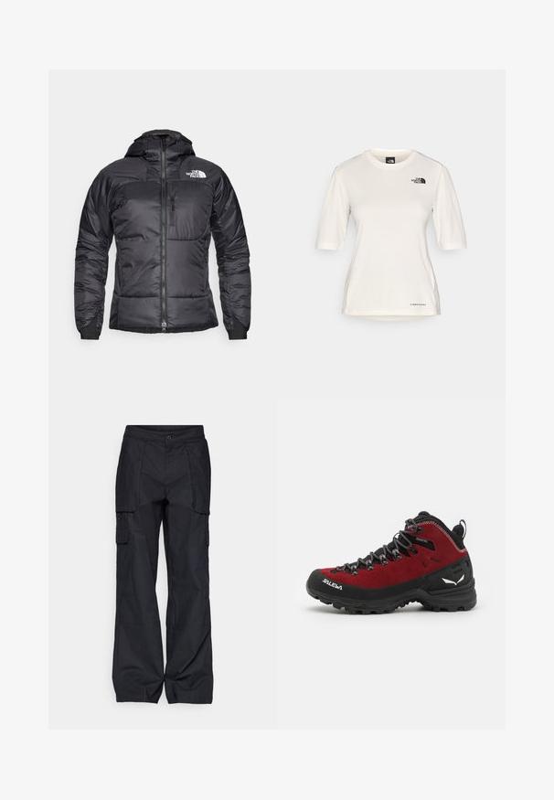 Fekete puffertanács cipzáras elejével, állítható kapucnival és mellzsebbel. Az upper bal oldalon logó található, valamint elasztikus mandzsetták.; The North Face SHADOW SHORT SLEEVE - Sportfelső - white dune; Columbia BREA FALLS™ COTTON RIPSTOP PANT - Szabadtéri nadrágok - black; Piros és fekete túracipő, velúr és gumi anyagból, texturált fűzőkkel, megerősített orral és logó részlettel az oldalon és a talpon.