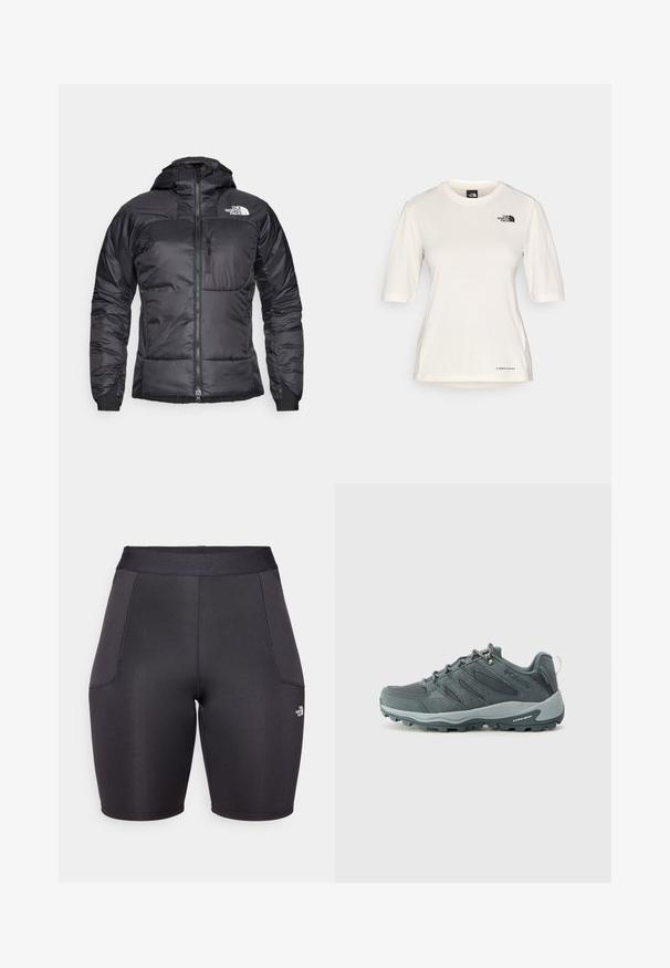Juodas pūkinis švarkas su užtrauktuku priekyje, reguliuojama kapisonu ir krūtine kišene. Viršuje kairėje pusėje yra logotipas, o rankogaliai yra elastingi.; The North Face SHADOW SHORT SLEEVE - Sportiniai marškinėliai trumpomis rankovėmis - white dune; Juodi sportiniai šortai, pagaminti iš lygios, elastingos medžiagos. Didesnis liemuo ir šoninės kišenės. Logotipo detalės apatinėje kairėje pusėje.; Tamsiai pilki žygio batai su tinklinėmis ir zomšinėmis viršutinėmis dalimis, su raišteliais, paminkštintu padu ir tvirtu padu su įpjovų raštu.