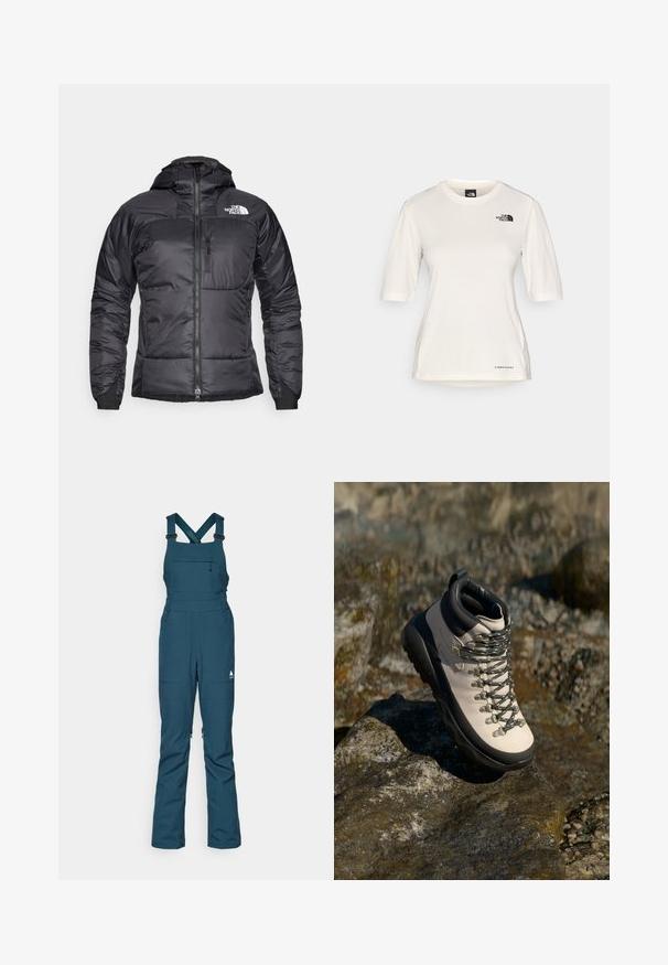 Jachetă puffer neagră cu fermoar frontal, glugă ajustabilă și un buzunar pe piept. O caracteristică este un logo pe partea stângă sus și manșete elastice.; The North Face SHADOW SHORT SLEEVE  - Bluză sport - white dune; Salopetă de zăpadă teal cu bretele reglabile, buzunar cu fermoar pe piept și două buzunare laterale, fabricată dintr-un material durabil și rezistent la intemperii.; Botină de drumeție bej deschis cu talpă din cauciuc negru, superior flexibil, ochiuri din metal și sireturi gri, așezată pe o suprafață stâncoasă.