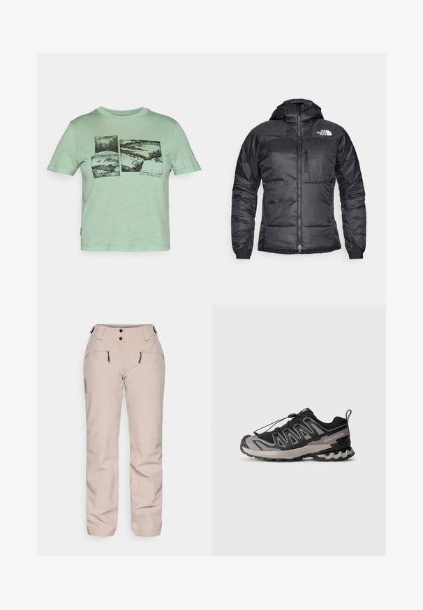 Črna pufastna jakna z zadrgo spredaj, nastavljivo kapuco in žepom na prsih. Ima logo na zgornji levici in elastične zapestnike.; T-maica mint zelene barve iz mehkega materiala, s črnim grafičnim dizajnom slikovitih pokrajin razporejenim po štirih panelih na sprednji strani.; Salomon EDGE PANT - Smučarske hlače - etherea; Črne in sive športne čevlje z mrežasto zgornjim delom, gumijastim podplatom in elastiko za vezalke. Imajo ojačan prst in teksturirane detajle.