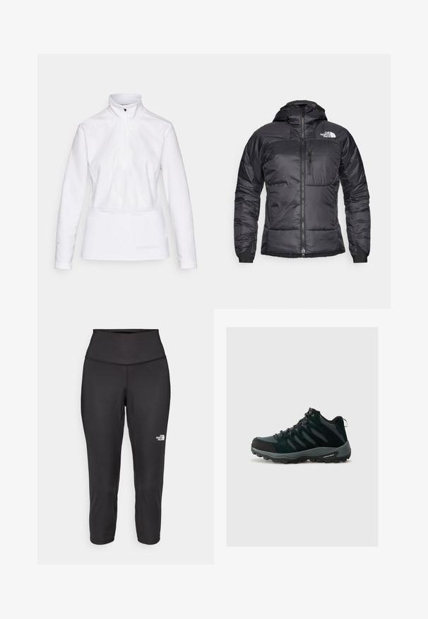 Juodas pūkinis švarkas su užtrauktuku priekyje, reguliuojama kapisonu ir krūtine kišene. Viršuje kairėje pusėje yra logotipas, o rankogaliai yra elastingi.; Balta ilgomis rankovėmis palaidinė su pusiau užtraukiamu apykakle, turinti subtilų bangų raštą ir tekstūruotą audinį, skirtą aktyviam dėvėjimui.; Juodos capri tipo leggingai, pagaminti iš tamprios medžiagos, su aukštu juosmeniu ir mažu baltu logotipu kairėje pusėje. Lygi tekstūra.; Columbia REDMOND - Turistiniai batai - black/citron haze