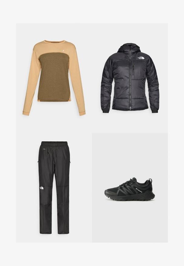 Musta toppatakki, jossa on vetoketjullinen etuosa, säädettävä huppu ja rintatasku. Sisältää logon vasemmassa yläkulmassa ja joustavat hihansuut.; Pitkähihaisen paidan yläosa on beige ja alaosa tummanoliivinvihreä. Pehmeä, tekstuuriinen kangas, jossa on erottuvat olkasaumat.; Mustat vettä hylkivät housut kevyestä kankaasta, joissa on joustava vyötärö, sivutaskut ja logo vasemmassa lahkeessa.; Columbia PEAKFREAK - Vaelluskengät - black