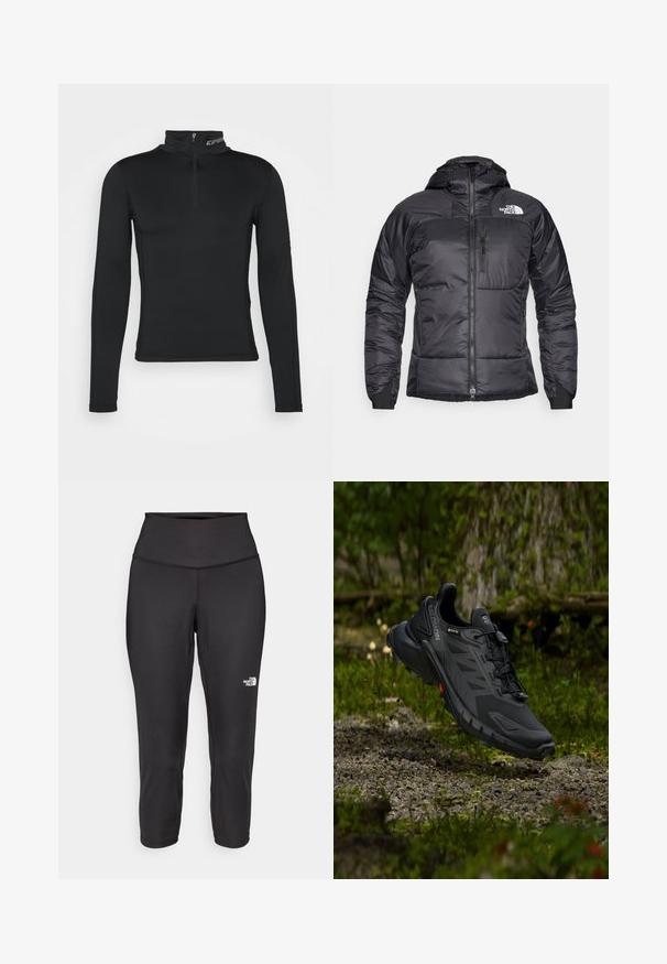 Schwarze Puffjacke mit durchgehendem Reißverschluss, verstellbarem Kapuze und einer Brusttasche. Mit einem Logo auf der oberen linken Seite und elastischen Bündchen.; Schwarzes langärmliges Basisschicht-Oberteil mit hohem Kragen und Viertel-Reißverschluss. Glatte Textur und enganliegendes Design für optimierte Leistung.; Schwarze Capri-Leggings aus dehnbarem Stoff mit einem hohen Bund und einem kleinen weißen Logo auf der linken Seite. Glatte Textur.; Schwarzer Salomon Gore-Tex Trailrunning-Schuh, der in der Luft über felsigem Waldboden mit unscharfem grünem Laubhintergrund schwebt.