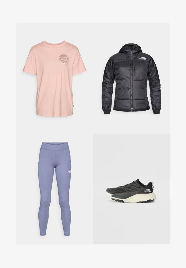 Casaco puffer preto com fecho éclair à frente, capuz ajustável e um bolso no peito. Apresenta um logótipo no canto superior esquerdo e punhos elásticos.; Camiseta de algodão rosa claro com mangas curtas, decote redondo e uma gráfica preta com a inscrição "VEJO-TE AQUI FORA" na área do lado esquerdo do peito.; Leggings atléticos azuis feitos de um tecido suave e elástico. Apresentam uma cintura alta e um pequeno logótipo branco na coxa esquerda.; Shoe atlético preto com um cabedal texturizado, apresentando detalhes em cinza e uma entressola branca. Inclui uma alça e um logótipo da marca em destaque no calcanhar.