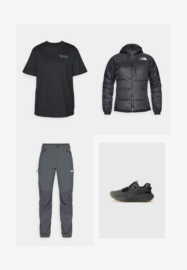 Černá péřová bunda se zipem na přední straně, nastavitelnou kapucí a kapsou na hrudi. Obsahuje logo na horní levé straně a elastické manžety.; Černé bavlněné tričko s krátkým rukávem, kulatým výstřihem, s šedým potiskem loga na horní levé straně a malou švédskou vlajkou jako akcentem.; Tmavě šedé venkovní kalhoty s vyztuženými kolenními částmi, zipovými kapsami po stranách a vpředu, s knoflíkovým zapínáním a logem The North Face na stehně.; Columbia TERRASTRIDE CRZ - Trekingové boty - shark/black