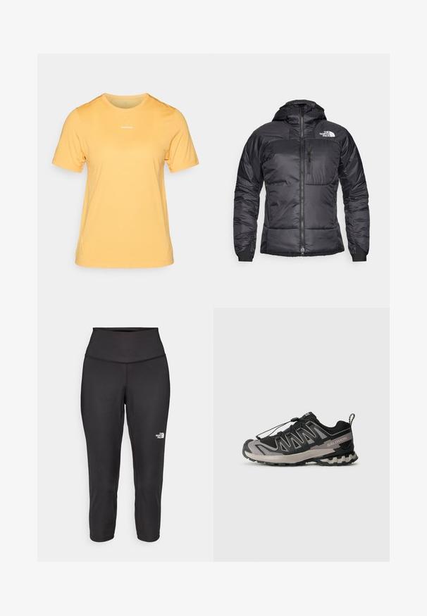 Jachetă puffer neagră cu fermoar frontal, glugă ajustabilă și un buzunar pe piept. O caracteristică este un logo pe partea stângă sus și manșete elastice.; Tricou sportiv galben cu mânecă scurtă, realizat dintr-un material respirabil, având un guler rotund și un mic logo alb pe față.; Leggings capri negre din material elastic, cu un talie înaltă și un mic logo alb pe partea stângă. Textură netedă.; Pantofila sportivă neagră și gri, cu partea superioară din plasă, talpă din cauciuc și sistem de șireturi elastice. Are un vârf întărit și accente texturate.