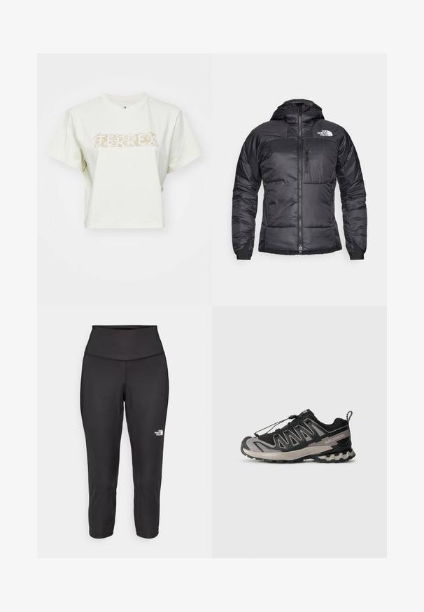 Czarna kurtka puchowa z zamkiem błyskawicznym z przodu, regulowanym kapturem oraz kieszenią na piersi. Posiada logo na górnej lewej stronie oraz elastyczne mankiety.; Przycięta biała koszulka wykonana z bawełny, z jasnobeżowym nadrukiem z elementami przyrody, na którym widnieje napis "TERREX". Krótkie rękawy, okrągły dekolt.; Czarne legginsy capri z elastycznego materiału, z wysokim pasem i małym białym logo po lewej stronie. Gładka faktura.; Czarno-szare buty sportowe z siateczkową cholewką, gumową podeszwą i elastycznym systemem sznurowania. Posiadają wzmocniony czubek i teksturowane akcenty.