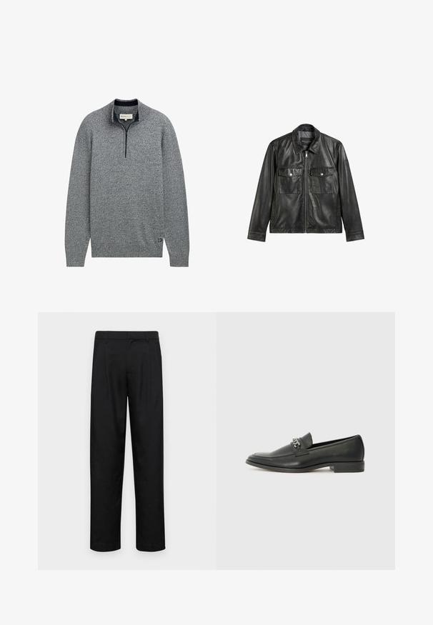 Schwarze Lederjacke mit Kragen, Frontreißverschluss und zwei Brusttaschen. Glatte Textur und minimalistisches Design.; Grauer Pullover mit Reißverschlusskragen, der ein strukturiertes Strickmuster aufweist und einen blauen Akzent am Saum mit einem Logodetail hat.; Schwarze Hose aus glattem Stoff, mit geradem Bein Design, zwei vorderen Falten und einem Standardbund mit Gürtelschlaufen.; Schwarzer Lederloafer mit glatter Oberfläche, ausgestattet mit einer gesteppten Gestaltung und einem dekorativen Metallkettendetail über dem Vorderblatt. Flacher Absatz.