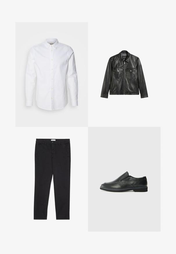 Zwarte leren jas met kraag, sluiting met voorrits en twee borstzakken. Soepele textuur en minimalistisch ontwerp.; Witte blouse met lange mouwen van katoen, met een gestructureerde kraag, subtiele logo borduursel en lichtbruine knopen.; Zwarte katoenen broeken met een slim fit, voorzien van twee zijzakken en een sluiting met een voorknop. Geweven stof met subtiele.details.; Zwarte leren instapper met een soepele bovenkant, gestikte accenten, ronde neus en een lage rubberen hak. De zool heeft minimale profiel.