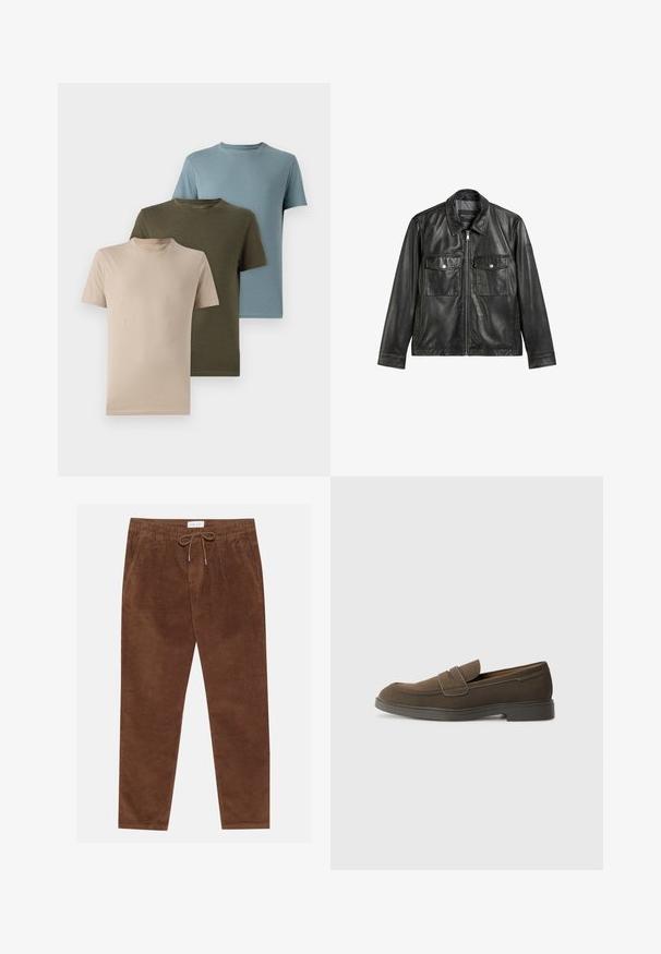 Zwarte leren jas met kraag, sluiting met voorrits en twee borstzakken. Soepele textuur en minimalistisch ontwerp.; Drie t-shirts met korte mouwen in beige, olijfgroen en lichtblauw, gemaakt van zachte stof met een ronde hals en een effen ontwerp.; Pier One Broek - brown; Bruine suède instap schoenen met een ronde neus, een band over de wreef en een plat rubberen zool. Eenvoudig ontwerp met strakke lijnen en minimale details.