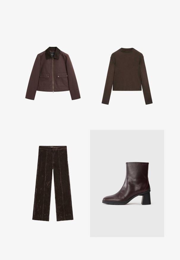 Brun kort jacka med en kordflöjlskrage, guldfärgad dragkedja och två framfickor med tryckknappsstängning. Slät tyg och strukturerad form.; Mörkbrun tröja med lång ärm och rund hals, något kortare passform och enkel, sömlös design.; Vidbyxlade byxor i mörkbrun, med beskedlig känsla av mocka, vertikala sömmar och ett elastiskt midjeband för komfort.; Mörkbrun läderankelboot med klack och rund tå, visad på en enkel ljusgrå bakgrund.