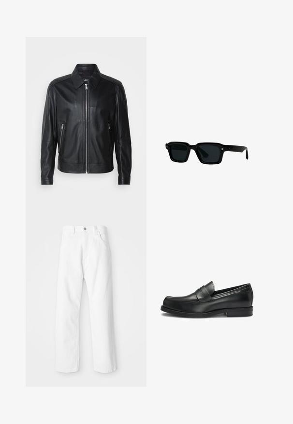 Czarna skórzana kurtka z kołnierzem, z przodu na zamek błyskawiczny, z dwoma bocznymi kieszeniami na zamek i wyraźnie zarysowanymi ramionami. Gładka faktura na całej powierzchni.; Brązowy sweter dzianinowy w prążki z okrągłym dekoltem i długimi rękawami, z teksturowanej tkaniny, z dopasowanymi mankietami i dołem. Prosty design.; Czarny prążkowany top bez rękawów z okrągłym dekoltem i szerokimi wycięciami na ramionach, wykonany z miękkiego, elastycznego materiału. Metka: Pull&Bear.; Białe dżinsy o prostym kroju nogawki, z zapięciem na guzik i suwak z przodu, pięcioma kieszeniami i gładkim, strukturalnym wykończeniem.; Czarne skórzane loafersy z zaokrąglonym czubkiem i przeszyciami, wyposażone w ozdobny pasek na górze i niski obcas.; CHIMI UNISEX czarny