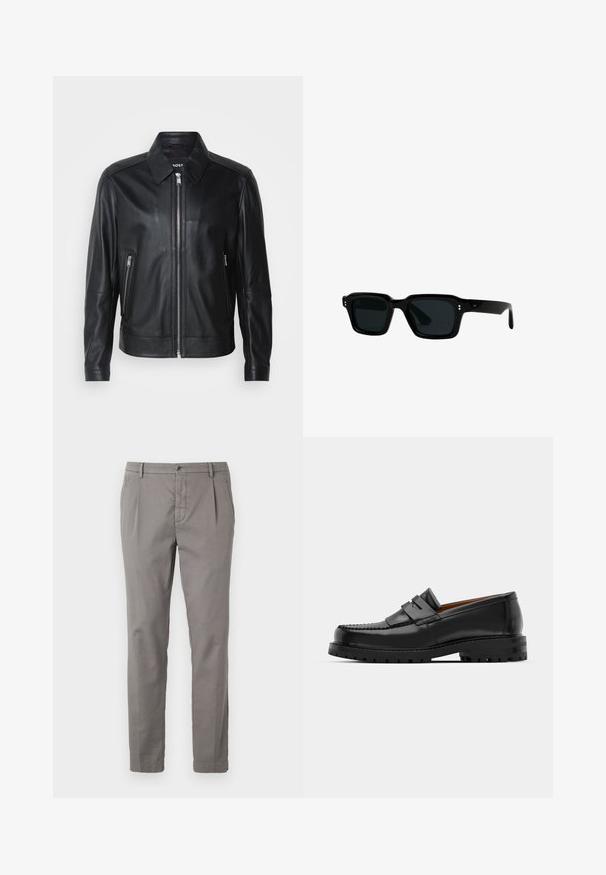 Sort læderjakke med krave, frontlynlås, to lynlåslommer og strukturerede skuldre. Glat tekstur hele vejen igennem.; Brun ribbet striktrøje med rund hals og lange ærmer, der har et tekstureret stof samt tætsiddende manchetter og kant. Enkel design.; Sort ribbet tanktop med rund halsudskæring og brede ærmegab, lavet af en blød, strækbar stof. Mærke: Pull&Bear.; Grå bomuldsbukser med lige ben-design, der har en knaplukning, læg og sidelommer. Glat tekstur med minimal dekoration.; Sorte læder loafers har en forhøjet søm, to dekorative remme på overdelen og en tyk struktureret sål for bedre greb.; CHIMI CHIMI 03 - Solbriller - black