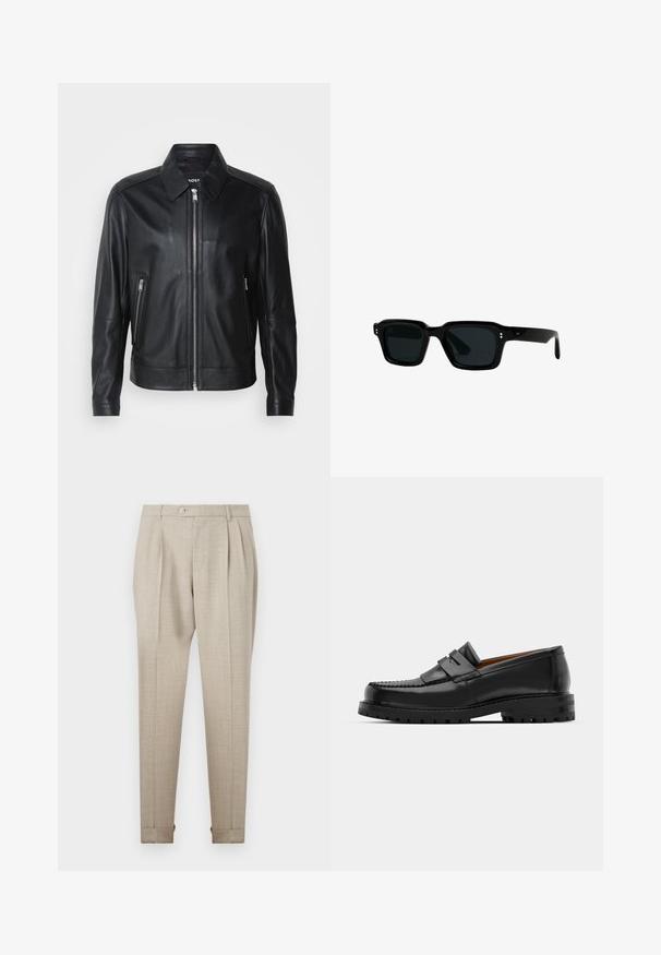 Black leather jacket with a collar, front zipper closure, two zippered side pockets, and structured shoulders. Smooth texture throughout.; Brown ribbed knit sweater with a crew neckline and long sleeves, featuring a textured fabric and fitted cuffs and hem. Simple design.; Black ribbed tank top with a round neckline and wide armholes, made from a soft, stretchable fabric. Label: Pull&Bear.; Beige pleated trousers with a smooth texture, featuring a front button closure and rolled hems. Tailored fit and straight leg design.; Black leather loafers feature a raised seam, two decorative straps on the upper, and a thick textured sole for added grip.; CHIMI CHIMI 03 - Sunglasses - black