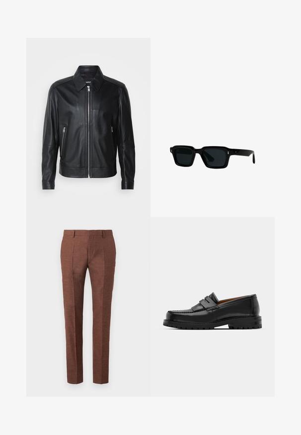 Czarna skórzana kurtka z kołnierzem, z przodu na zamek błyskawiczny, z dwoma bocznymi kieszeniami na zamek i wyraźnie zarysowanymi ramionami. Gładka faktura na całej powierzchni.; Brązowy sweter dzianinowy w prążki z okrągłym dekoltem i długimi rękawami, z teksturowanej tkaniny, z dopasowanymi mankietami i dołem. Prosty design.; Czarny prążkowany top bez rękawów z okrągłym dekoltem i szerokimi wycięciami na ramionach, wykonany z miękkiego, elastycznego materiału. Metka: Pull&Bear.; Brązowe lniane spodnie o teksturowanym wykończeniu, charakteryzujące się dopasowanym krojem, przeszytymi fałdami z przodu oraz dwiema bocznymi kieszeniami.; Czarne skórzane mokasyny mają wyraźny szew, dwa dekoracyjne paski na górze oraz grubą, teksturowaną podeszwę dla lepszej przyczepności.; CHIMI UNISEX czarny