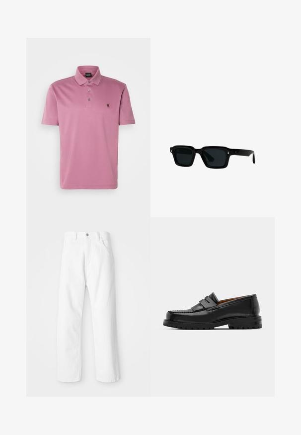 Černá kožená bunda s límcem, předním zipem, dvěma bočními kapsami se zipem a strukturovanými rameny. Hladká textura po celé ploše.; Hnědý žebrovaný pletený svetr s kulatým výstřihem a dlouhými rukávy, který má strukturovanou látku a přiléhavé manžety a lem. Jednoduchý design.; Růžová polo košile vyrobená z hladkého materiálu, s klasickým límcem, třemi knoflíky a malým vyšitým logem na hrudi.; Bílé džínové kalhoty se střihem rovného nohavice, s předním zapínáním na knoflík a zip, pěti kapsami a čistým, texturovaným povrchem.; Černé kožené mokasíny mají zvýšený šev, dvě dekorativní pásky na svršku a silnou strukturovanou podrážku pro lepší přilnavost.; CHIMI CHIMI 03 - Sluneční brýle - black