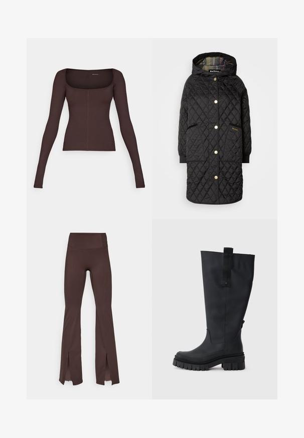 Fekete steppelt hosszú kabát kapucnival, arany snap zárakkal, két elülső zsebbel, bordás mandzsettával és kockás béllettel.; Barna, hosszú ujjú felső, négyzet alakú nyakkivágással, bordázott anyagból készült. Feszes szabású, finom varrási részletekkel rendelkezik.; Barna, lágy anyagú, bővülő leggings magas derekkal és oldalsó hasítékokkal az alján. Laposszélű varratokkal rendelkezik a sima illeszkedés érdekében.; Fekete, térd fölé érő, gumibakancs vastag talppal, texturált tapadással, és szövethúzóval a tetején a könnyebb felhúzás érdekében. Simaság, matt felület.