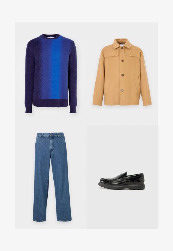 Tevebarna gyapjú dzseki galléros nyakkivágással, négy gombbal és két elülső zsebbel. Strukturált kialakítású és sima tapintású.; Kék és lila gradient pulóver, kerek nyakkivágással, texturált anyagból. Hosszú ujjak és bordázott alj jellemzi.; Széles lábú kék farmernadrág, gombos záródással, elülső zsebekkel és klasszikus egyenes szabással, elhalványított hatással.; Fekete bőr loafer, fényes felülettel, kerek orral, diszkrét varrási részletekkel és vastag gumitalppal a tartósság érdekében.