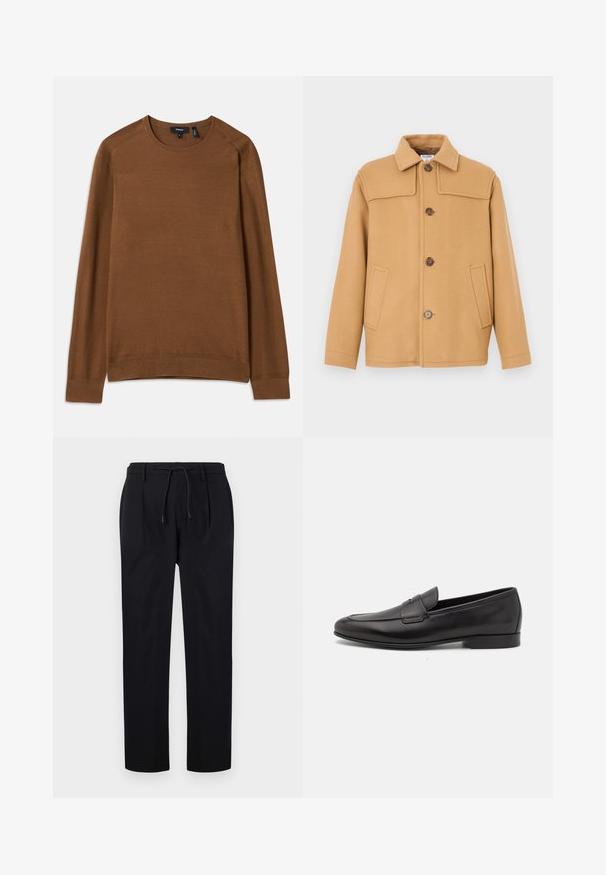 Veste en laine couleur chameau avec un col à revers, quatre boutons et deux poches avant. Présente un design structuré et une texture lisse.; Pull en maille marron avec un col rond, des manches raglan longues et un motif texturé. Il est doté de poignets et d'un ourlet côtelés pour un look ajusté.; Pantalons noirs en tissu lisse, avec une taille à cordon, des jambes droites et des plis avant pour un look structuré.; Mocassin pour homme en cuir noir avec un petit talon et un design classique à lanière penny, présenté en profil sur fond blanc.