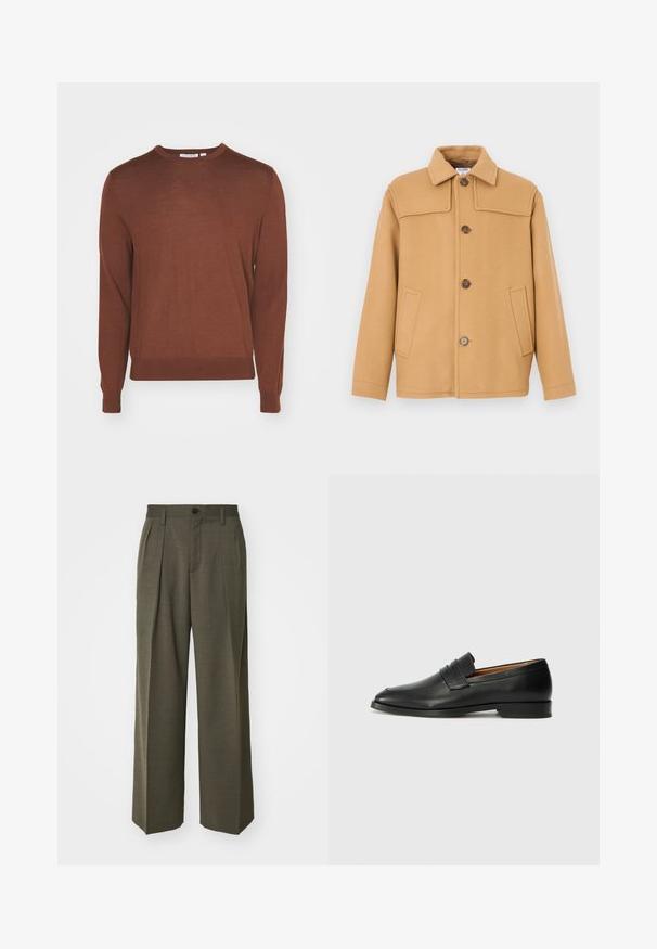 Camel-colored wool jacket with a collared neckline, four buttons, and two front pockets. Features a structured design and smooth texture.; Tiger of Sweden CONNOR - Jumper - old terracotta; Filippa K WIDE TROUSERS - Trousers - driftwood; Black leather loafer with a rounded toe, subtle stitched detailing, and a low heel, featuring a smooth texture and minimalist design.