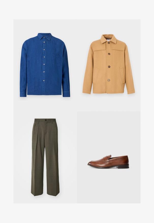 Μπουφάν από μαλλί σε καμήλ χρώμα με γιακά, τέσσερα κουμπιά και δύο μπροστινές τσέπες. Διαθέτει δομημένο σχέδιο και λεία υφή.; Μακρυμάνικο μπλε πουκάμισο με κουμπιά, κολάρο και τσέπη στο στήθος, απεχοιγμένο σε λευκό φόντο.; Filippa K WIDE TROUSERS - Παντελόνι - driftwood; Καφέ δερμάτινες εσπαντρίγιες με στρογγυλή μύτη, ελάχιστες ραφές και χαμηλό τετράγωνο τακούνι. Διαθέτουν διακοσμητική ζώνη πάνω από το βόλτα.
