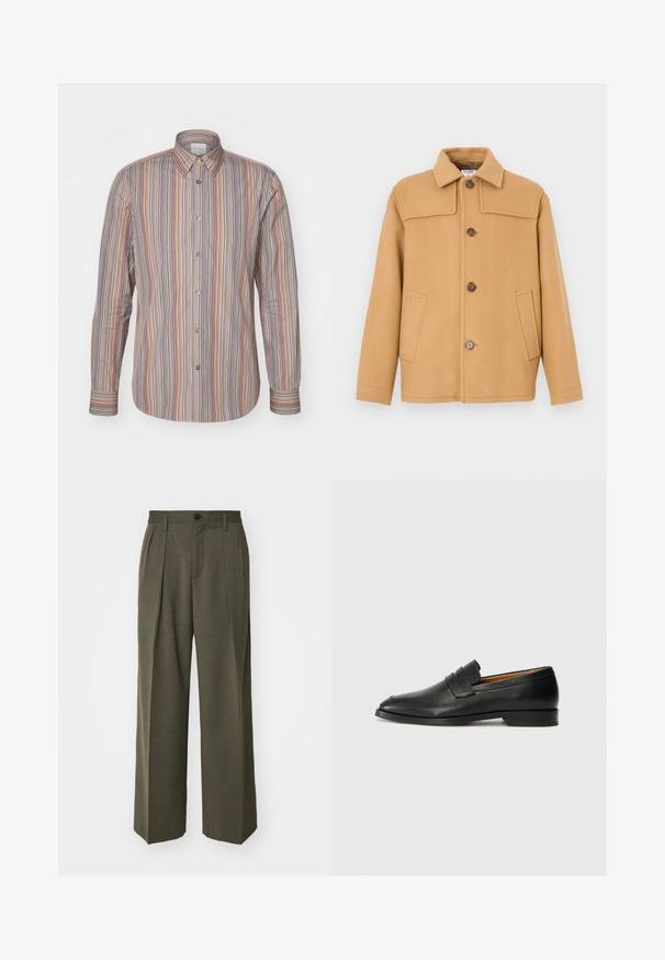 Kamieļa krāsas vilnas žakete ar apkakli, četrām pogām un divām priekšējām kabatām. Raksturota ar strukturētu dizainu un gludu tekstūru.; Svītrains pogu krekls ar vertikālām līnijām dažādās krāsās. Garas piedurknes, klasisks apkakle un gluda auduma tekstūra.; Filippa K WIDE TROUSERS - Auduma bikses - driftwood; Melnas ādas loafers ar noapaļotu purngala formu, smalku izšuvumu un zemu papēdi, piedāvājot gludu tekstūru un minimālistisku dizainu.