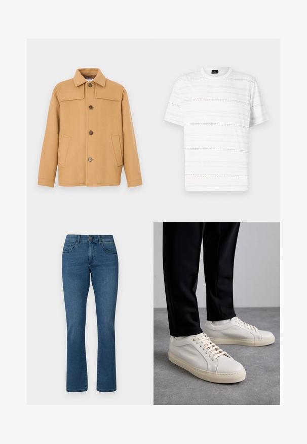 Kupranugario spalvos vilnonis švarkas su apykakle, keturiais mygtukais ir dviem priekinėmis kišenėmis. Turi struktūruotą dizainą ir lygią tekstūrą.; Balta trumpa rankovėmis marškinėliai, su horizontaliomis brūkšninėmis linijomis šviesiai mėlynos, rožinės ir juodos spalvų. Klasikinis apvalus kaklo iškirpimas.; Mėlynos džinsinės kelnės su tiesiu kojų kirpimu, penkių kišenių stiliumi ir klasikiniu mygtuko bei užtrauktuko uždarymu. Lygus tekstūra, vidutinis plaunamumas.; Šviesūs smėlio spalvos odiniai sportbačiai su plokščiomis raišteliais, tekstūruotu paviršiumi ir kontrastinga kreminės spalvos gumine padu, derinami su juodomis siaurėjančiomis kelnėmis.