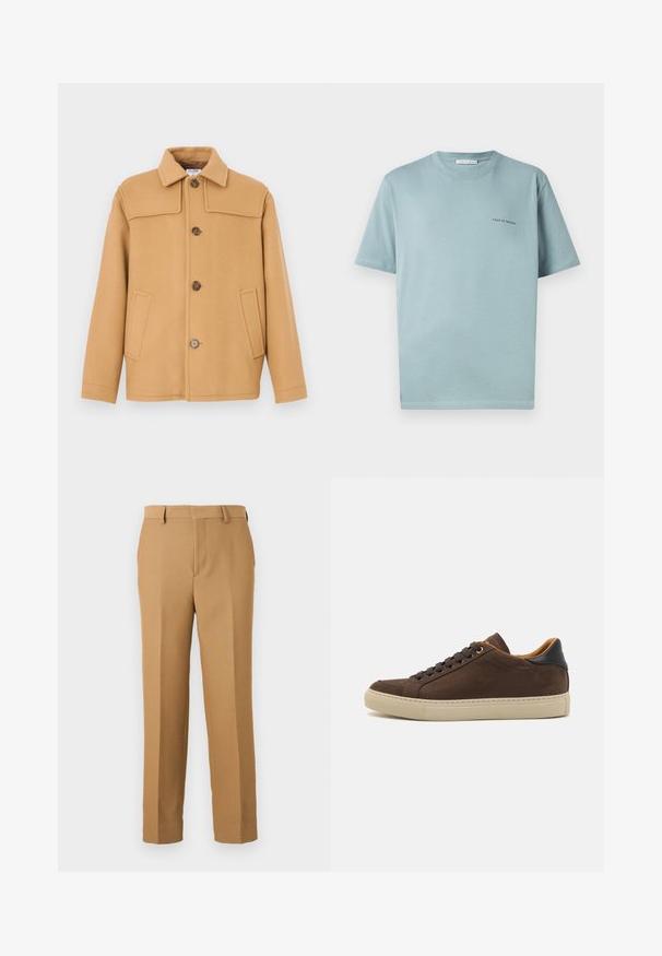 Camel-colored wool jacket with a collared neckline, four buttons, and two front pockets. Features a structured design and smooth texture.; Light blue cotton T-shirt with a crew neck, short sleeves, and a small "TIGER OF SWEDEN" logo on the left chest. Smooth texture.; Beige dress pants made of woven fabric, featuring a straight cut, flat front, and belt loops. Smooth texture with no visible patterns.; Brown suede sneaker with a cream rubber sole, dark leather accents, round toe, and six eyelets for laces. Smooth texture overall.