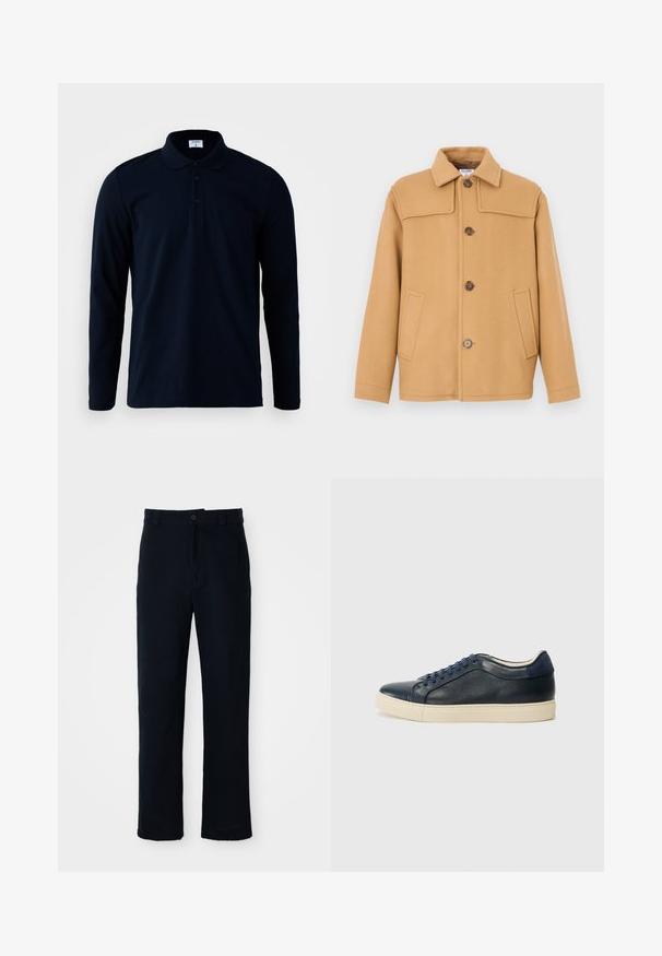 Kamieļa krāsas vilnas žakete ar apkakli, četrām pogām un divām priekšējām kabatām. Raksturota ar strukturētu dizainu un gludu tekstūru.; Filippa K LUKE - Polo krekls - navy; Kokvilnas tumši zilas bikses ar taisnu kāju dizainu, priekšējo pogu aizdari un klasisku jostasvietu ar jostas cilpiņām.; Tumši zilā ādas sporta apavi ar krēmkrāsas gumijas zoli, ar ziliem šņorēm un gludu tekstūru. Apaļa pirksta forma un minimālisma dizains.