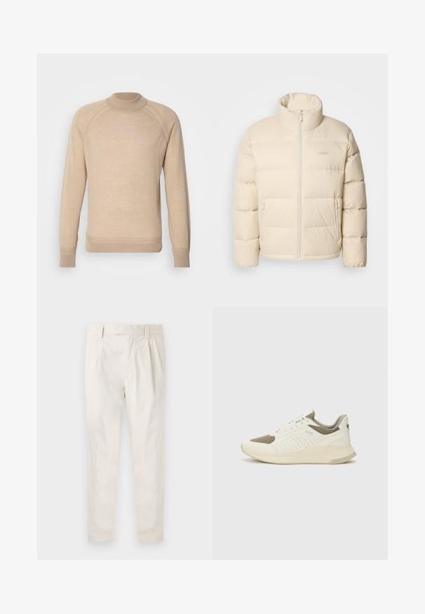 Beež puffjakiga, millel on kõrge krae, lukuga sulgemine ja kaks küljetaskut. Omab tikanditud mustrit ja pehmet, sujuvat tekstuuri.; Beež pullover-sviiter, millel on soonikkoes kõrge krae, pikad varrukad ja raglanvarrukad, valmistatud siledast materjalist. Lihtne ja puhas disain.; Valged volditud püksid, mis on kohandatud sobivusega, sujuva tekstuuriga, vööloopidega ja kitsenevate jalgadega. Pole nähtavaid taskuid ega mustreid.; Valge ja heledat beeži värvi spordijalats, millel on õhuke võrkmaterjal, perforatsioonidega detailid ning tekstuuriga vahetald, millel on brändi logo kannaosas.