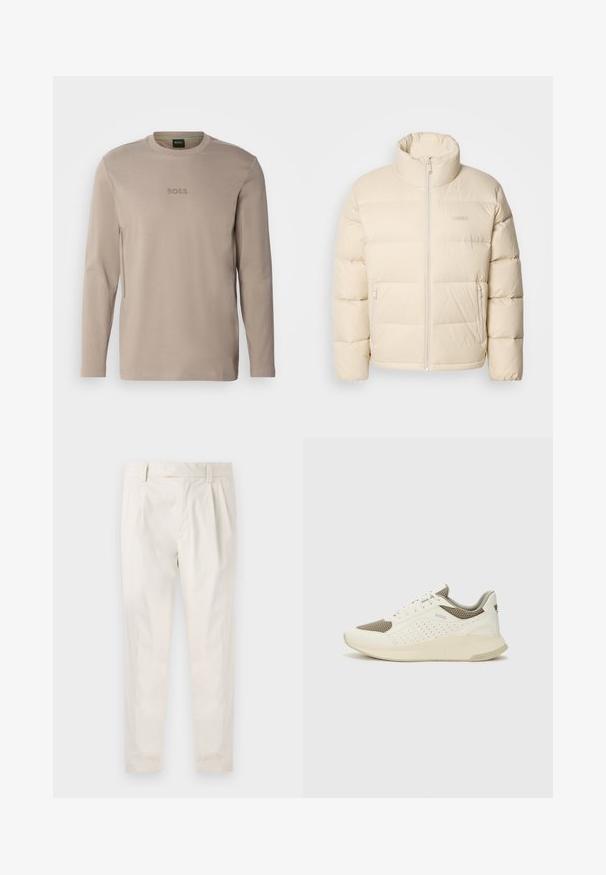 Beige puffer jacket with a high collar, zip closure, and two side pockets. Features a quilted design and soft, smooth texture.; Beige long-sleeve t-shirt with a crew neck, featuring an embroidered "BOSS" logo on the chest and side zip details. Smooth fabric texture.; White, pleated trousers with a tailored fit, featuring a smooth texture, belt loops, and tapered legs. No visible pockets or patterns.; White and light beige athletic sneaker, featuring a mesh upper, perforated detailing, and a textured midsole with branding on the heel.