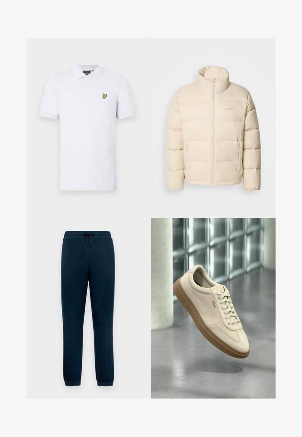 Beež puffjakiga, millel on kõrge krae, lukuga sulgemine ja kaks küljetaskut. Omab tikanditud mustrit ja pehmet, sujuvat tekstuuri.; Valge puuvillane polo särk. Omab krae, kolme nuppu ja kollast tikandit vasakul rinnal. Lühikesed varrukad.; Tumed sinine dressipükste paar pehmest kangast, elastsest vööst, kus on nöör ja mansetid, et tagada kindel sobivus. Taskud pole nähtavad.; Helebeežist beežist pastellseemisnahast toss, kummisest kummist tallaga, silmapaistvate paelte ja peenikeste õmblustega. Puhas disain minimalistliku esteetikaga.