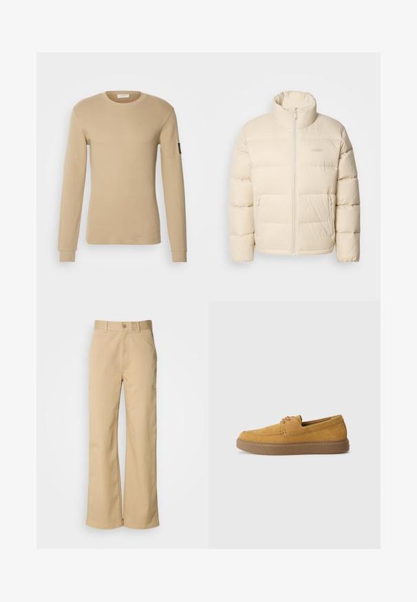 Beige pufferjack met hoge kraag, ritssluiting en twee zijzakken. Heeft een gestikt design en een zachte, gladde textuur.; Langarm, beige T-shirt van textuurstof, met een ronde hals en aansluitende manchetten. Inclusief een klein zwart logo op de mouw.; Beige, wijde broek gemaakt van een katoenmix. Voorzien van een knoopsluiting en riemlussen. Soepele textuur, met minimale stikseldetails.; Bruine suède instap schoenen met een gestructureerde afwerking, ronde neus en een contrasterende rubberen zool. Heeft subtiele branding nabij de hiel.