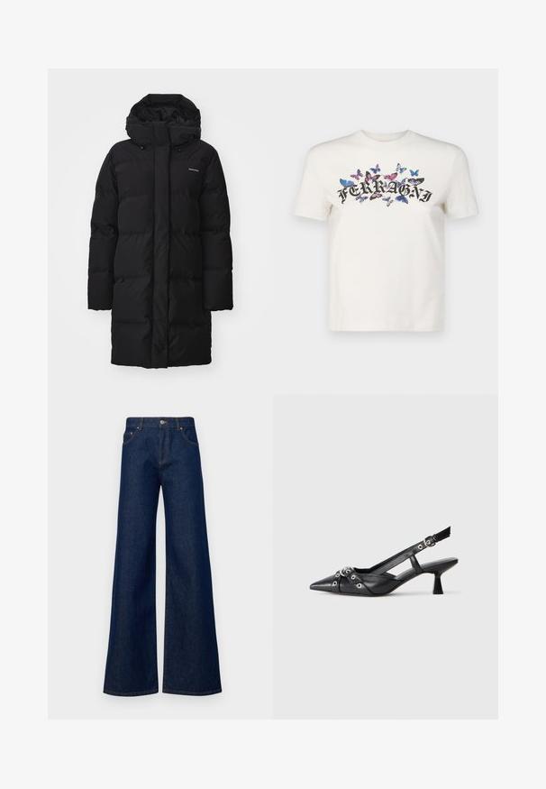 Must must coat kõrge kraega ja reguleeritava kapuutsiga, millel on tikitud osad ja logo vasakul ülanurgas. Pikad varrukad ja sirge lõige.; Valge puuvillane t-särk lühikeste varrukatega, millel on must trükitud "FERRAGNI" logo, mida ümbritsevad värvikad liblikadisainid.; Tumedast sinisest denimist laiade jalgadega teksad, millel on nööpkinnitus, eespool taskud ja kontrastne tikand õmbluste ääres.; Must must have must toote tõmblukuga, dekoratiivsed rihmad metallist silmadega ja madal blokk-kand. Tekstureeritud pind.