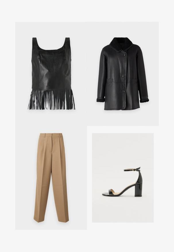 STUDIO ID NAPPA COAT - Leren jas - black silky; Zwarte leren mouwloze top met een vierkante halslijn, voorzien van lange franjes aan de zoom en een gladde textuur.; Beige op maat gemaakte broek met een hoge taille, geplooide voorkant en wijde pijpen. De stof lijkt glad met een lichte glans.; Zwarte lakleren sandaal met een brede hak, open teen en enkelbandje met een gouden gesp. Zachte textuur en strak ontwerp.