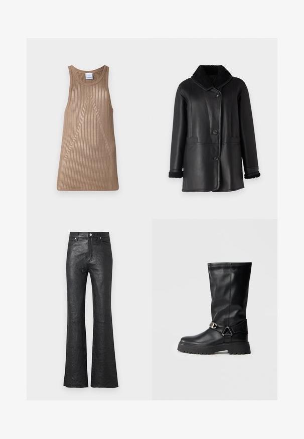 STUDIO ID NAPPA COAT - Veste en cuir - black silky; Débardeur en tricot beige sans manches avec une texture côtelée, présentant une forme en A et des détails de couture diagonale subtils.; Pantalons évasés en cuir noir avec une texture froissée, taille haute, poches avant et fermeture classique à bouton avec braguette zippée.; Bottes noires montantes en cuir lisse, avec une accent de boucle sur le côté et une semelle épaisse et texturée pour une adhérence optimale.