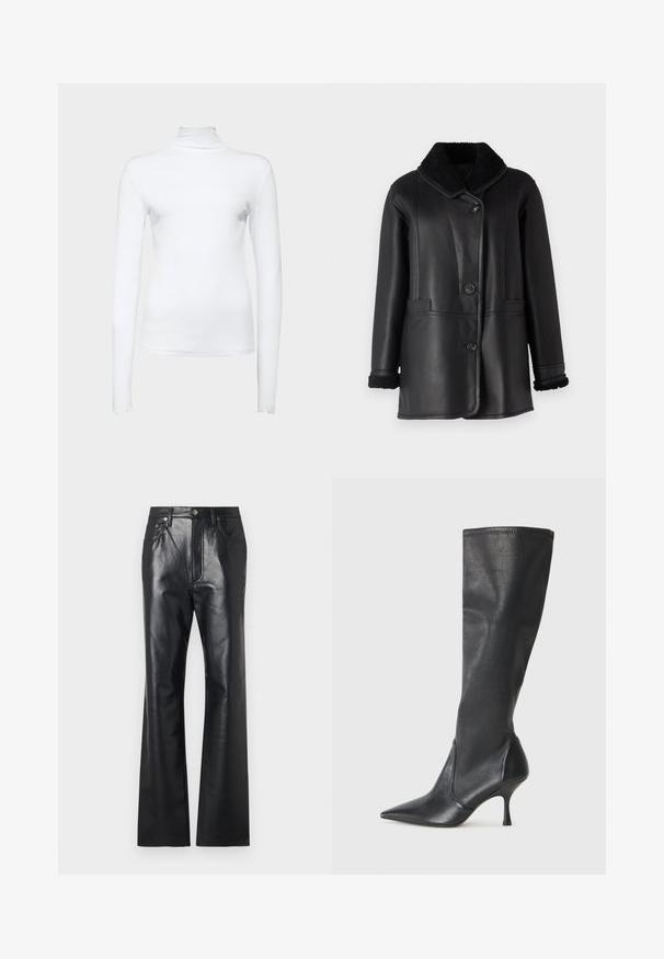 STUDIO ID NAPPA COAT - Leren jas - black silky; Witte lange mouwen coltrui gemaakt van rekbare katoenstof. Heeft een getailleerd ontwerp en een gladde textuur, zonder zichtbare patronen of accenten.; Zwarte leren broek met een gladde textuur, uitlopende pijpen, een ritssluiting aan de voorkant en riemlussen. Bevat subtiele stiksels.; Kniehoge zwarte leren laarzen met een spitse neus en een slanke stilettohak. Glad textuur met een aansluitend ontwerp en stiksels aan de bovenrand.