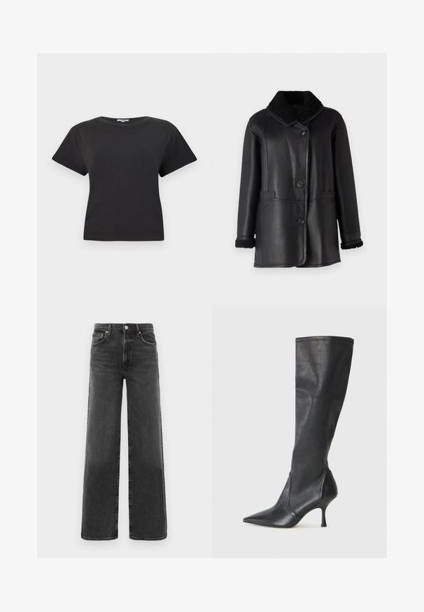 STUDIO ID NAPPA COAT - Lederjacke - black silky; Schwarzes Baumwoll-T-Shirt mit kurzen Ärmeln, rundem Halsausschnitt und lockerer Passform. Keine sichtbaren Muster oder metallischen Details. Glatte Textur.; Schwarze, hochtaillierte, gerade geschnittene Jeans aus Denim mit vorderem Knopf und Reißverschluss, zwei vorderen Taschen und zwei hinteren Taschen.; Knöchelhoche schwarze Lederstiefel mit einer spitzen Zehe und einem schlanken Stiletto-Blockabsatz. Glatte Textur mit einer enganliegenden Passform und Nähten am oberen Rand.