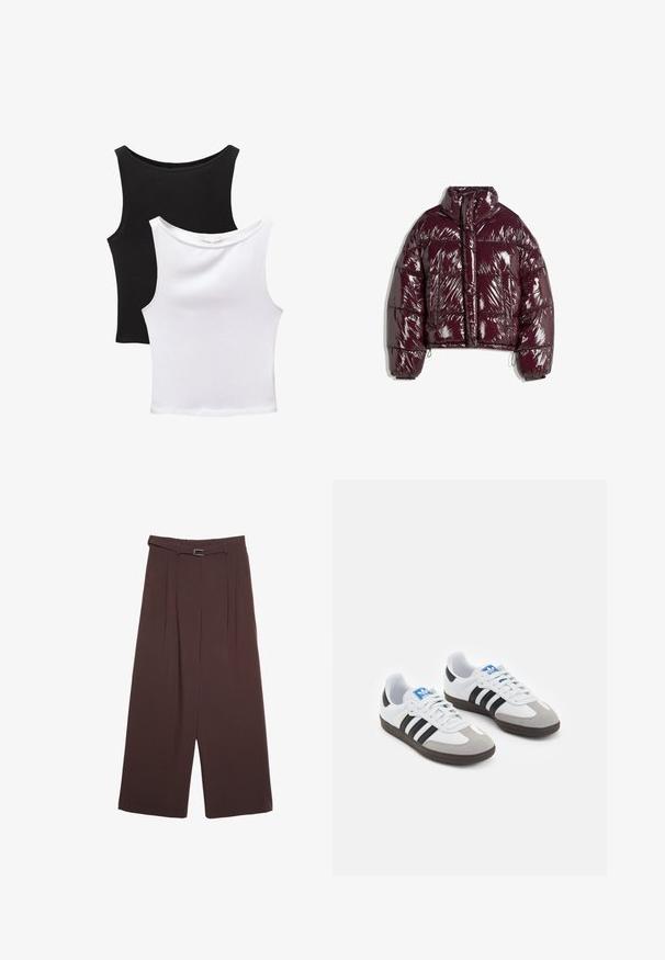 Lesklá, bordó zkrácená péřová bunda s vysokým límcem, horizontálním prošíváním, dvěma předními kapsami a nastavitelným stahovacím lemem.; Dvě bezrukávové topy v černé a bílé barvě, vyrobené z bavlny. Mají kulaté výstřihy a přiléhavý střih s hladkou texturou.; Stradivarius WIDE-LEG WITH BUCKLE DETAIL - Kalhoty - dark brown; Sportovní boty s bílým koženým svrškem, šedou semišovou špičkou a třemi černými pruhy. Obsahují modré logo na jazyku a texturovanou gumovou podrážku.