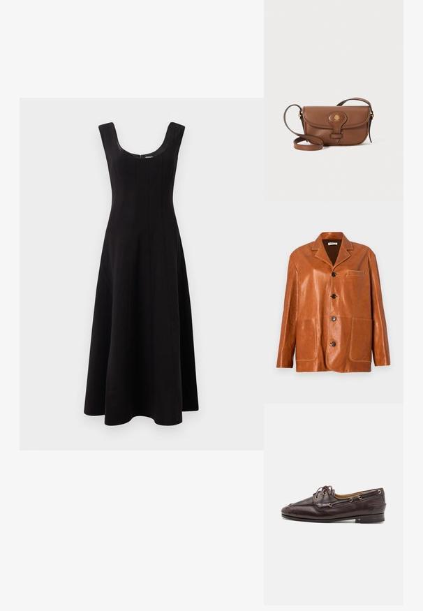 Brun læderjakke med klappet krave, frontknapper, to store påsyede lommer og en lille brystlomme. Glat tekstur med en subtil glans.; Sort kjole med bådudskæring, ærmeløs design og en flared A-line silhuet. Har lodret sømdetaljer for struktur.; Brune læder loafers med en struktureret design, guldøje og snørebånd. Har en lav hæl og detaljeret syning langs vampen.; Brun læder crossover-taske med en buet klap, guldfarvet hardware og et dekorativt logo. Stroppen er justerbar og har en glat tekstur.