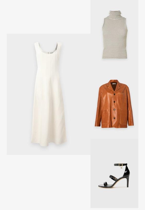 Brązowa skórzana kurtka z kołnierzem typu notch, z guzikami z przodu, dwoma dużymi kieszeniami naszytymi oraz małą kieszonką na piersi. Gładka faktura z delikatnym blaskiem.; Biała sukienka bez rękawów z okrągłym dekoltem, dopasowaną górą i zwiewnym dołem. Posiada pionowe szwy i ukryty zamek z tyłu.; Bez rękawów top w golf z pionowymi czarno-białymi paskami, wykonany z teksturowanej dzianiny, z wysokim, dopasowanym kołnierzem.; Czarne lakierowane sandały na paski z trzema paskami, zapięciem na kostce i 10-centymetrowym obcasem w szpilce. Zawierają złote detale oraz zawieszkę z logo.; Brązowa skórzana torba na ramię z zaokrąglonym klapą, złotym okuciem i dekoracyjnym logo. Pasek jest regulowany i ma gładką fakturę.